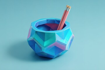 Colorful geometric pencil holder on a blue background with a pencil inside, enhancing workspace aesthetics
