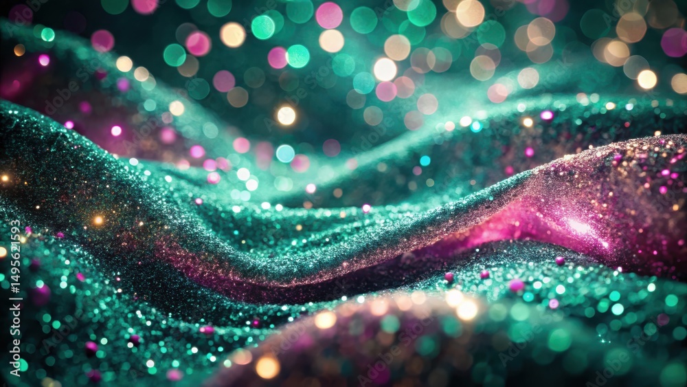 Wall mural shimmering teal and pink glitter texture with sparkling bokeh lights a festive background image