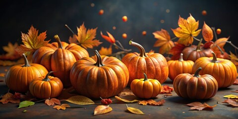 Fototapeta premium Autumnal Still Life Featuring a Bountiful Harvest of Colorful Pumpkins Nestled Amongst Vibrant Fall Foliage