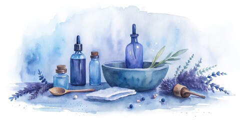 herb native herb essential oil. A serene watercolor illustration featuring bottles, a bowl, and lavender, evoking a tranquil ambiance related to natural remedies.
