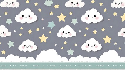 Fototapeta premium Delightful Dreamscape Seamless Pattern with Smiling Clouds and Stars Illustration