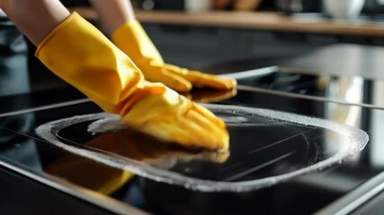 Man in yellow gloves wiping down a glass-ceramic stove, useful for advertising household chemicals and kitchen accessories, as well as for instructional cleaning videos.
