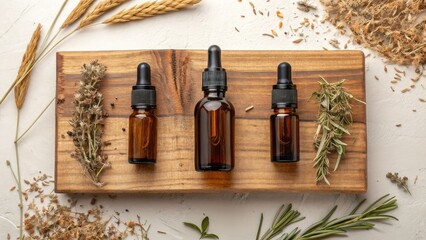 herb native herb essential oil. Three dropper bottles on a wooden tray surrounded by dried herbs, showcasing natural ingredients and essential oil themes.