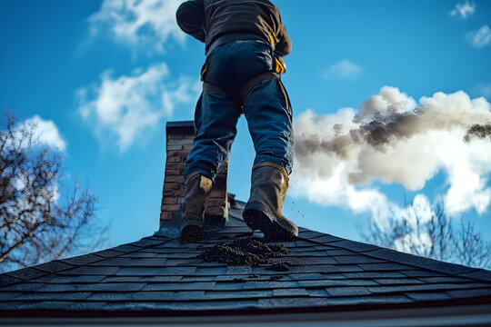 Standing on the roof, a chimney sweep lowers cleaning tools down the chimney flue