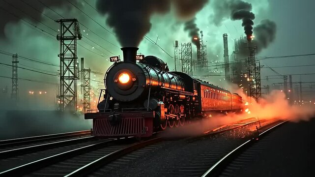 Vintage steam locomotive chugging through an industrial landscape at night with smoke and lights