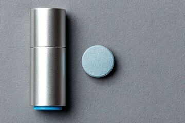 Naklejka premium Sleek silver container with blue tablet on gray surface showcases modern design and functionality for health solutions
