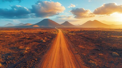 Stunning vista of a dirt road through volcanic terrain at sunset.