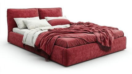Red bed with pillows & blanket, white backdrop