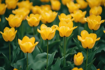 Field of yellow tulips blooming in spring for gardens, bouquets, and floral designs.