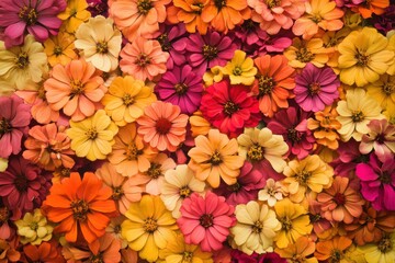 Fototapeta premium Floral arrangement of colorful zinnia flowers, perfect for backgrounds and wallpapers, and suitable for various design projects.