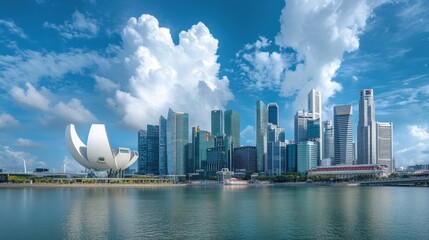 Singapore skyline panorama under a vibrant sky.  Modern architecture lines a tranquil harbor