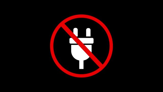 Unplug cable motion graphic of no electricity with a restriction sign on a dark background animated symbol