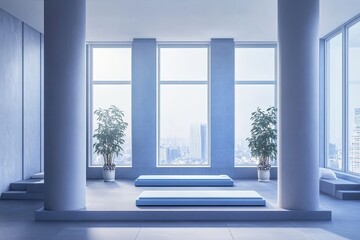 Light-filled modern space with light-blue platforms