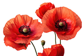 Naklejka premium Close up of vibrant red poppy flowers with dark centers against a stark black background in full bloom