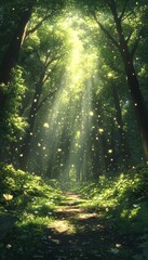 Obraz premium Sunlit forest path, magical ambiance, nature scene, fantasy background, ideal for screensavers