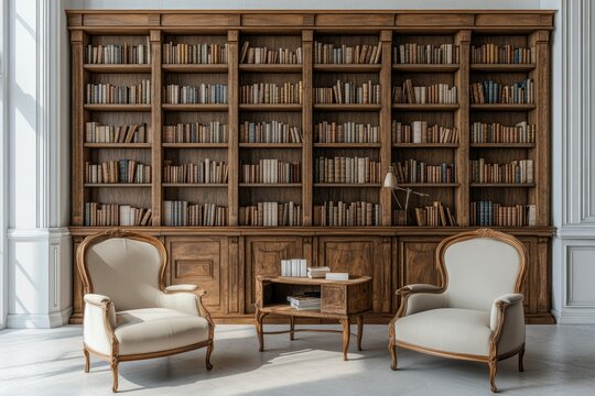 Ornate library with bookshelves and armchairs