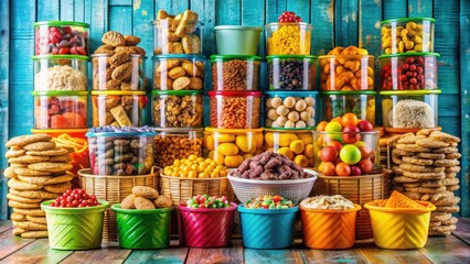 Fototapeta premium A vibrant collection of assorted sweets and baked goods in colorful containers arranged on a rustic wooden surface
