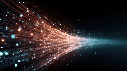 Dynamic light trails in a dark background, creating an abstract visual effect with glowing particles flowing in one direction.