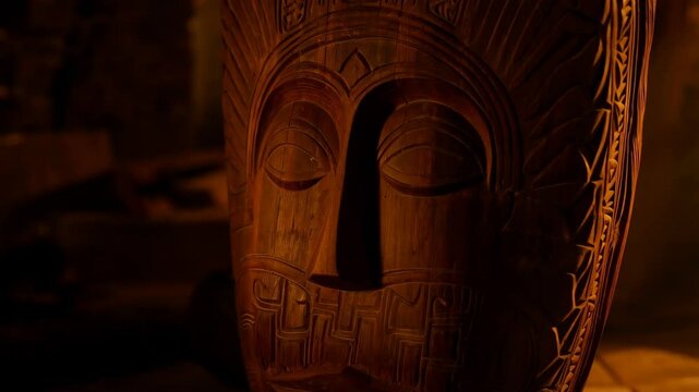 Close-up on a hand-carved tribal mask crafted from dark wood with intricate details and symmetrical patterns in dim light.