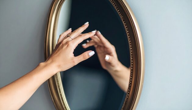 Woman's hands reaching towards reflection in an ornate oval mirror A self reflection concept image