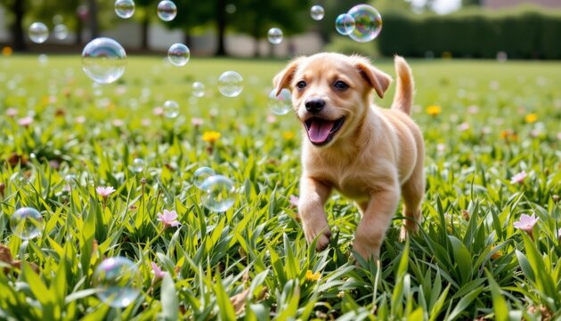 a frolicking puppy chasing bubbles in a sun drenched meadow, their joyous energy palpable in the joyful, playful scene.