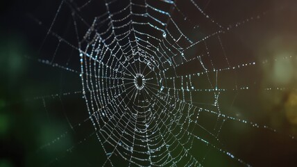 Delicate spiderweb, glistening with dew drops