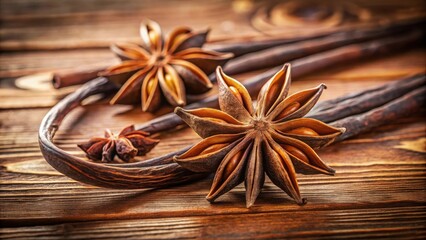 Aromatic Star Anise and Vanilla Beans Resting on Rich Brown Wooden Surface
