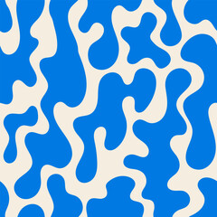 Seamless pattern with blue abstract silhouette organic shapes. Vector flat background in minimalist boho style. Wavy liquid distorted shapes
