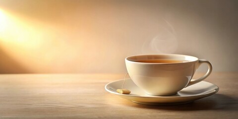 Obraz premium Warm Morning Beverage with Steam Rising from a Teacup on Wooden Surface