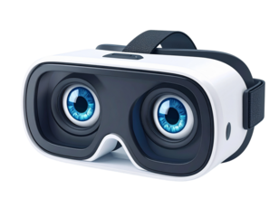 A white and black VR headset with blue, realistic eye graphics on the lenses.