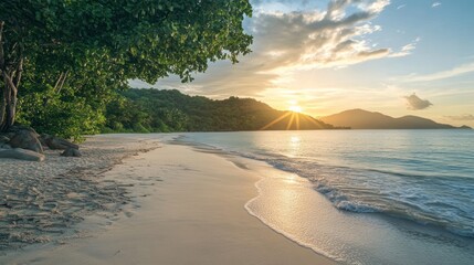 Serene tropical beach at sunrise with lush greenery and gentle ocean waves
