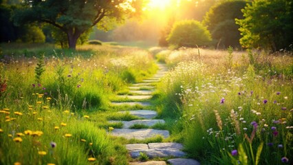 Sunlit Meadow Path A Serene Stone Walkway Through Vibrant Wildflowers at Golden Hour