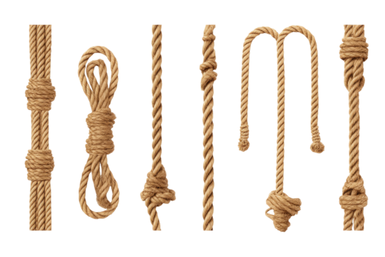 Various arrangements of thick brown ropes with knots and loops displayed against a black background