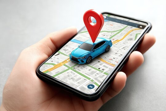 A hand holds a smartphone displaying a map with a blue car and a red location pin, representing GPS navigation and car tracking.