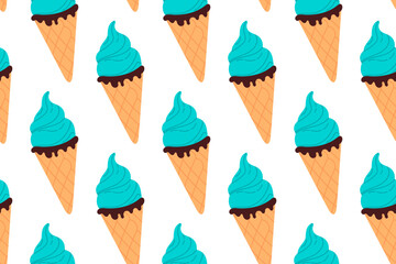Seamless pattern of blue ice cream cones with swirls on white background, ideal for cool dessert visuals or playful summer designs