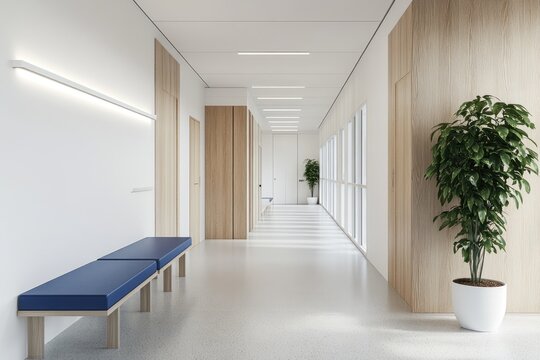 Modern hallway with light-colored walls and wooden accents.  Two light-blue benches line one side, and a potted plant is near the far wall.  Natural light streams through large windows - Powered by Adobe