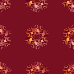Seamless pattern with dynamic swirling turbine shapes red, orange, and yellow tones deep red background, creating vibrant and energetic design