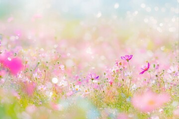 Fototapeta premium Field of pink cosmos flowers with bokeh lights for spring themes, backgrounds, and wallpapers.