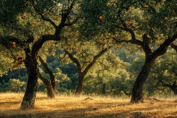 Orchard with orange trees in a field at sunset, for agriculture and nature related content.