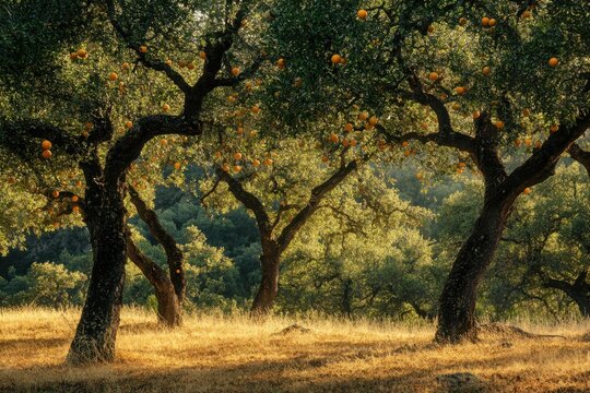 Orchard with orange trees in a field at sunset, for agriculture and nature related content.