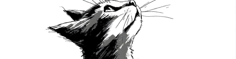 Obraz premium Serene Cat Portrait: An artistic, black and white illustration of a curious cat gazing upward, embodying serenity and a touch of mystery.