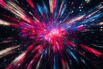 Naklejka premium Vibrant red, white, and blue fireworks bursting in the night sky with streaks of light against a dark starry background