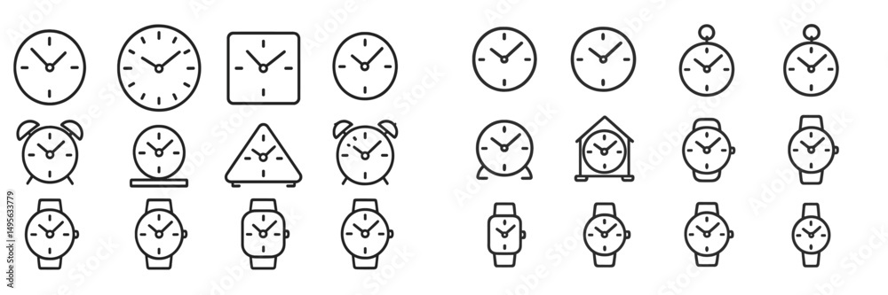 Poster collection of various clock designs showcasing different styles and shapes with a minimalist aesthet