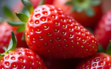 Close up of a single ripe strawberry with vibrant red color and visible seeds perfect for food blogs recipes and healthy eating websites. High quality