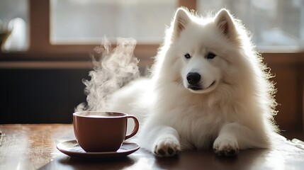 A samoyed sitting beside a steaming cup of cocoa, fluffy and content