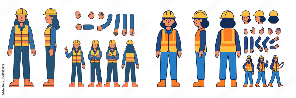 Poster construction worker character designs depicting diverse poses and expressions in a work environment