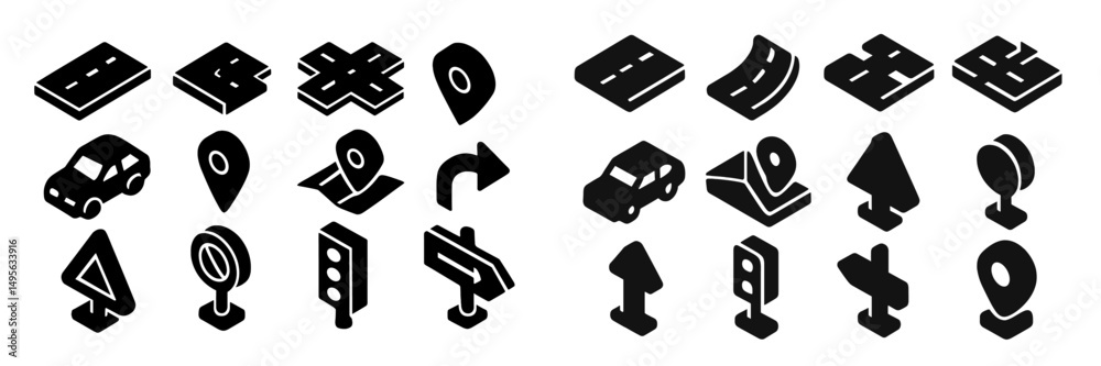 Aufkleber highway and road sign icons in black design for navigation and travel applications