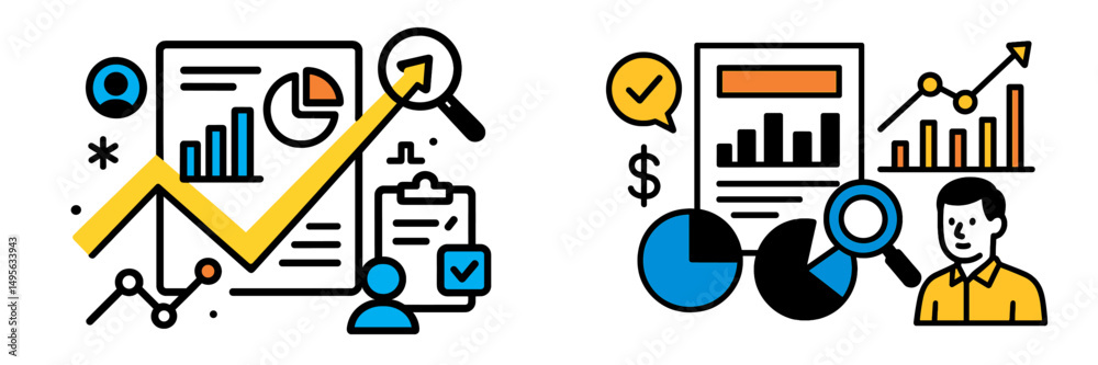 Poster visual representations of market analysis and data interpretation featuring graphs and charts