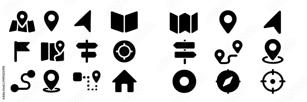 Poster exploring navigation symbols and icons used for mapping and location guidance in digital application