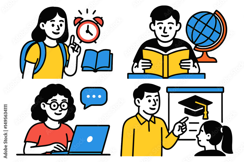Poster education concepts featuring students engaged in learning and teaching in various settings during a 